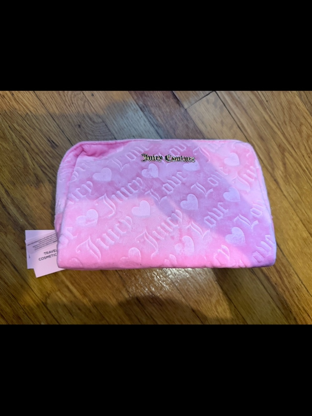 Juicy Couture Pink Plush Cosmetic Case with Heart Embossing